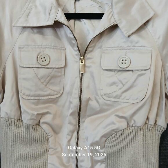 Bebe Vintage Y2K Cropped Moto Bomber Jacket Size M RARE Tan Beige Gold 00s Zip - Picture 4 of 9
